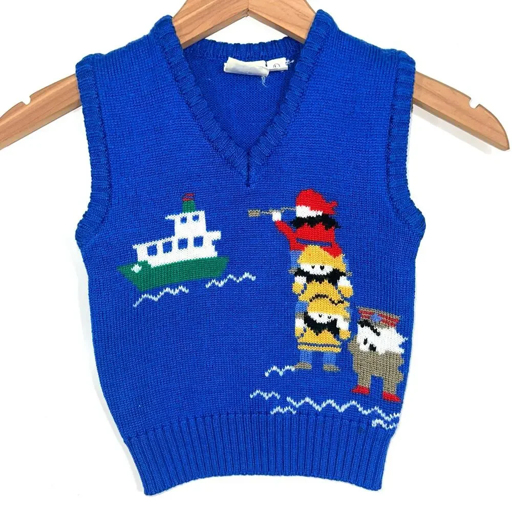 Vintage J.G. Hook Baby Sailor Blue Knit V-Neck Sweater Vest Size 12M